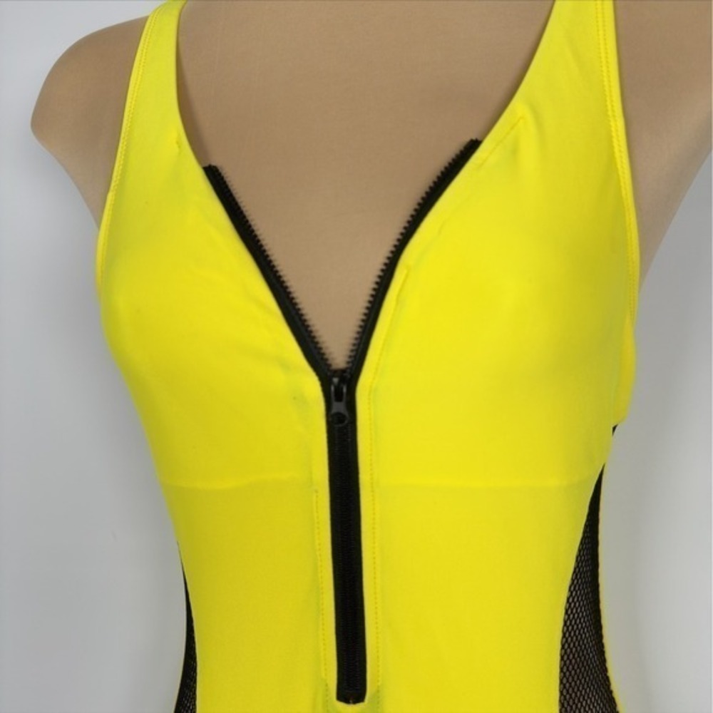 Women's Retro Yellow / Black Mesh Insert Zip Front One Piece Swimsuit - Picture 4 of 7